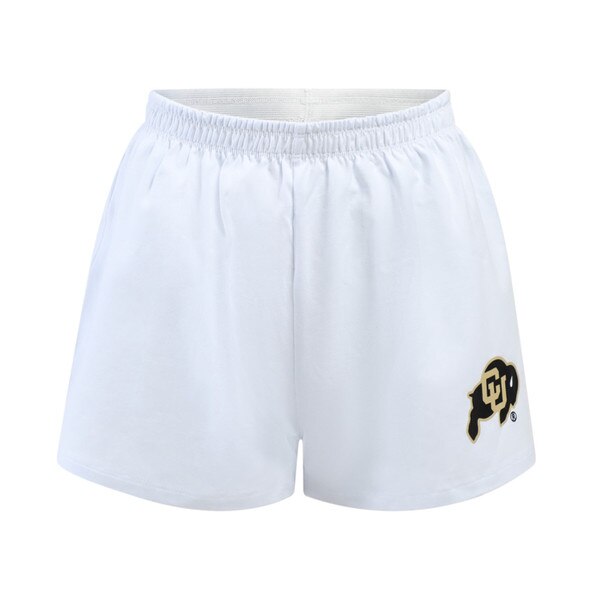 This is a pair of white soffee shorts. There is a black and gold CU Buffalo logo on the left leg.