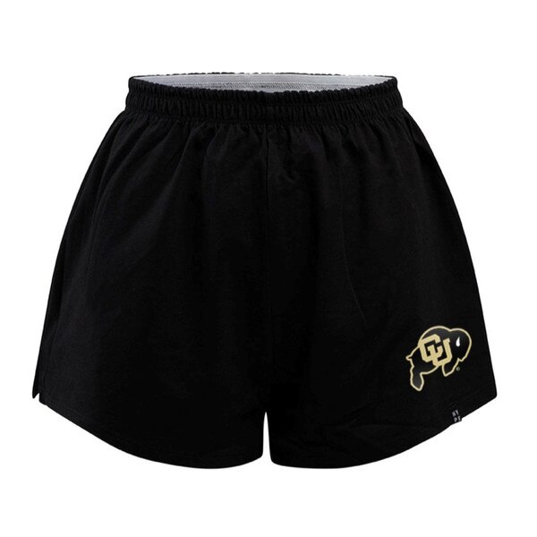 This is a pair of black soffee shorts. There is a black and gold CU Buffalo logo on the left leg.