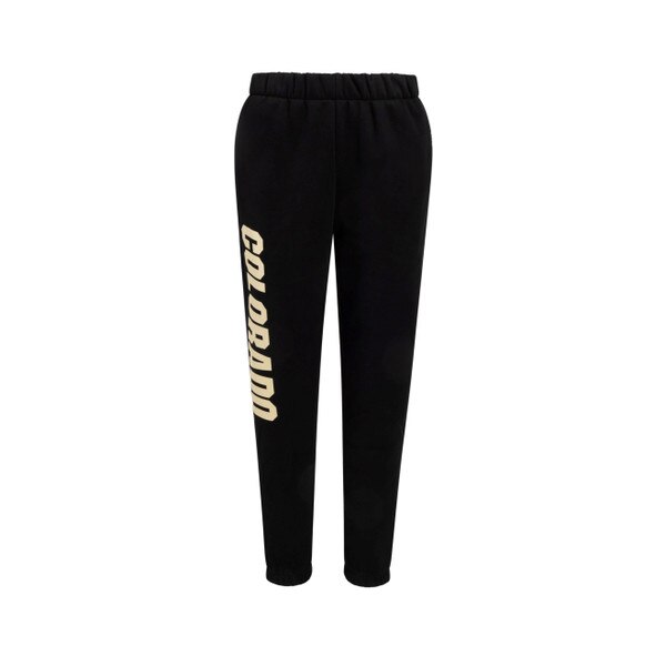 This is a pair of black sweatpants that have "Colorado" in bold, Vegas Gold lettering down the right leg.