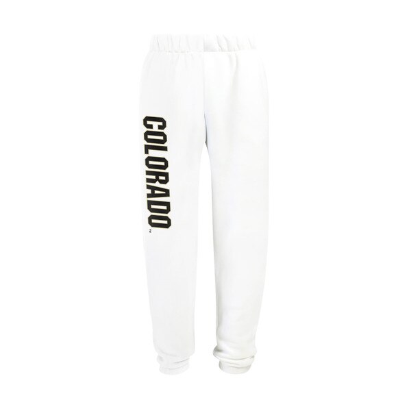 White sweatpants with Colorado written in bold black lettering alongside the right leg.