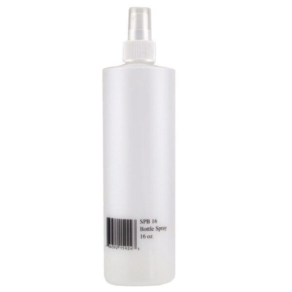 White 4 oz spray bottle with white push down pump with cap, and barcode on side of bottle.