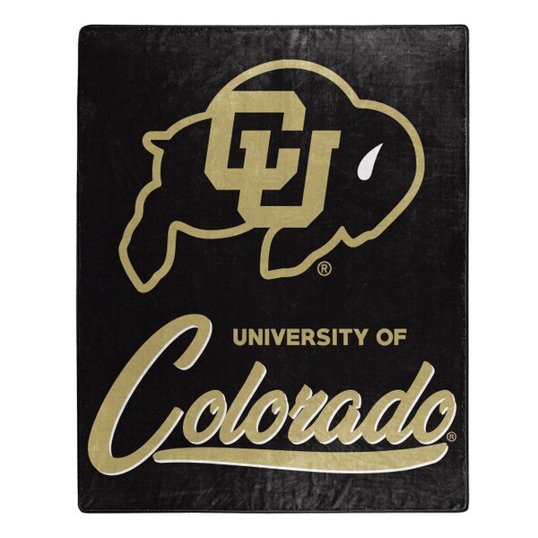 This is a mostly black throw blanket. The top is decorated with a large black and gold cu buffalo logo. The bottom has "University Of" small in gold, under is a large cursive script "Colorado"