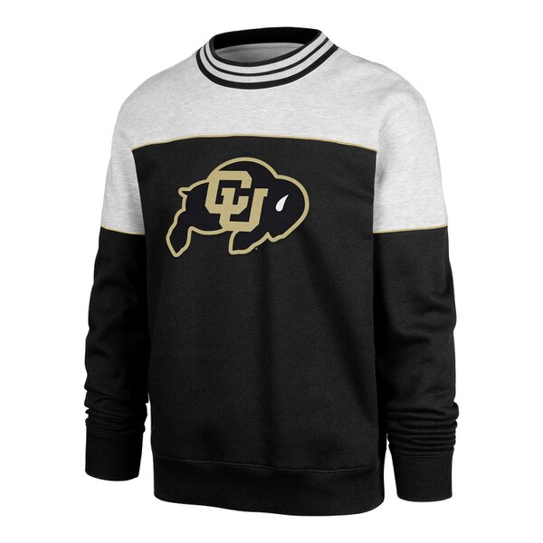 Black and gray crewneck sweatshirt with a CU Buffaloes logo on the front and striped ribbed collar.