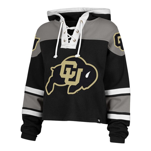 Colorado Buffaloes women's cropped hoodie with lace-up neckline and oversized CU logo