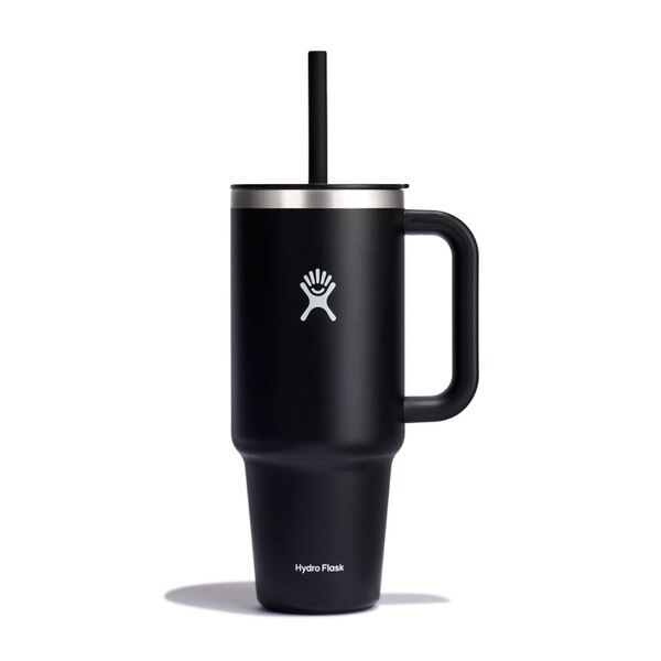 A black, forty ounce tumbler with a handle and the white Hydro Flask logo on the front.
