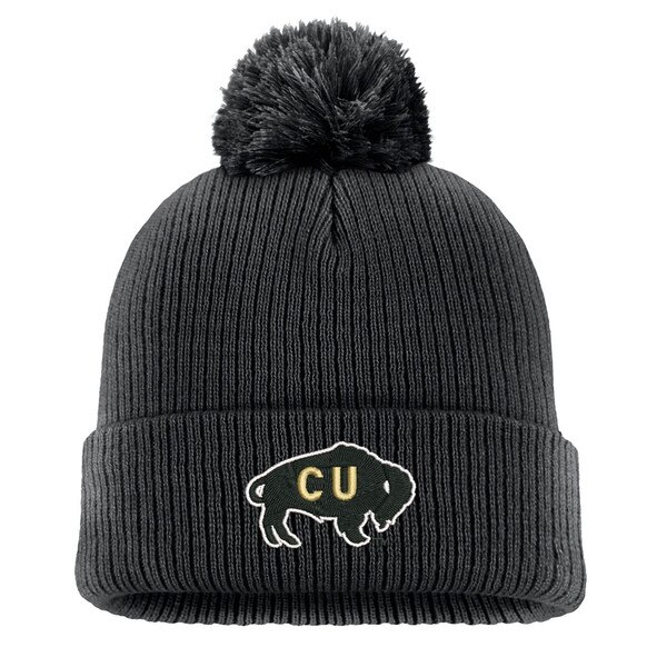 A black beanie with the vintage buffalo logo with "CU" on it embroidered on the bottom front. This logo is in black, white, and gold. The hat also has a black pom-pom at the top.