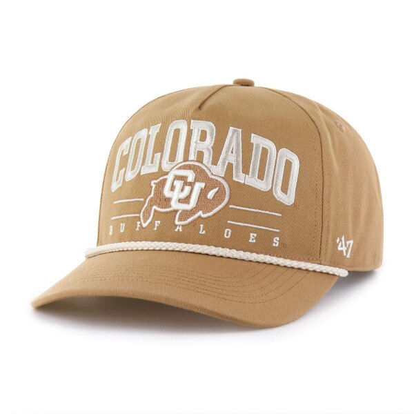 A brown hitch hat with Colorado Buffaloes in sewn in lettering and a C-U Buffalo logo in between, featuring a unique twisted rope design on the bill.