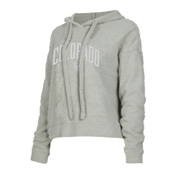 This is a light grey sweatshirt with a cropped loose fit. The Colorado text is white. The C.U. buffalo logo is white as well with the color of the sweatshirt peeking through in the background.