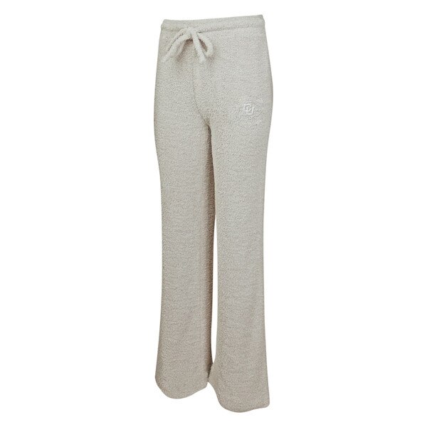 This is a pair of light grey chenille flared knit pants. The C.U. Buffalo logo on the left leg is white with the grey of the pants filling it in.