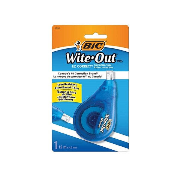 BIC Wite-Out EZ Correct correction tape in blue dispenser with tear-resistant film, 12m length in retail packaging