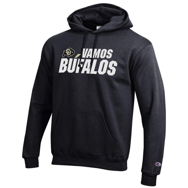Black hooded sweatshirt with CU Buffalo logo, followed by "Vamos Bufalos" written out in white text.