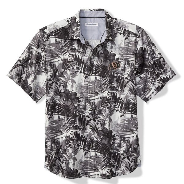 This is a black, white, and grey shirt. It's covered with hibiscus flowers and many other tropical plants. There's a black and gold CU Buffalo logo on the left chest.