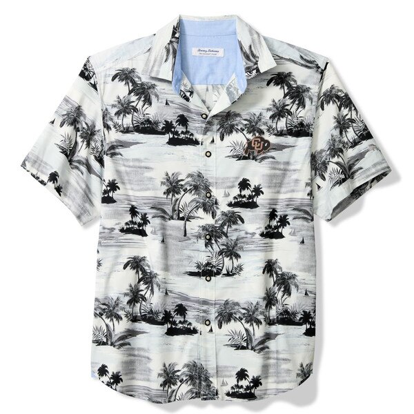 Short sleeve tropical button-up shirt with black and gray island print and CU Buffaloes logo on chest.