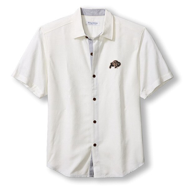 A photo of the front of the white button down shirt with a delicate palm tree design.