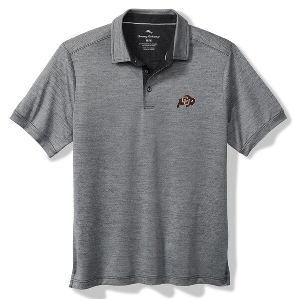 A gray collared button up polo with a c-u buffalo logo on the left chest.