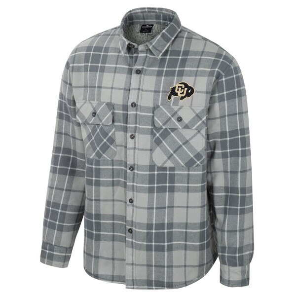 This is a grey plaid fleece button jacket. The plaid is light grey, dark grey, and white. The buttons and fleece are grey. THe C.U. Buffalo logo is black and gold.