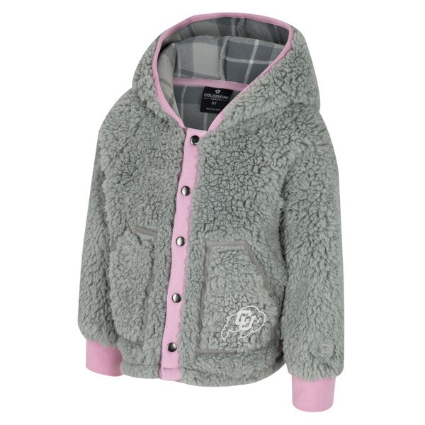 Toddler grey fleece jacket with pink accents on the edges and cuffs with metal button clasps and a white embroidered CU logo on the left pocket.