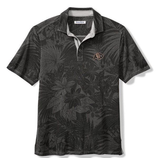 A short sleeved polo with a black and gray tropical pattern of leaves and flowers. Features the CU Buffalo logo embroidered in black and gold on the left chest.
