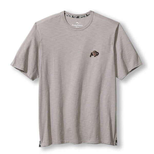 A gray tommy bahama jersey tee with a c-u buffalo logo on the left chest.