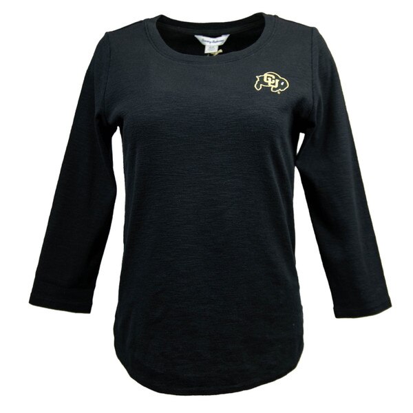 A three quarter sleeve black t-shirt with the CU Buffalo logo embroidered on the left corner chest.