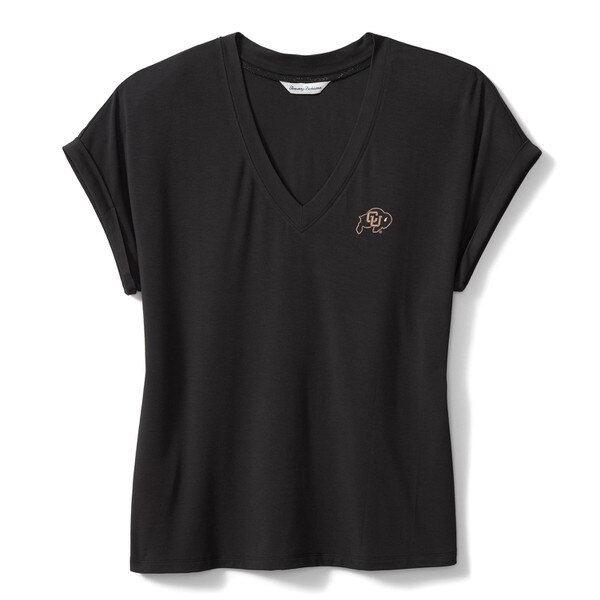 Black V-neck short sleeve shirt with CU Buffaloes logo on the left chest, flat front view.