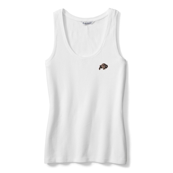 This is a white tank top. It is full length and has a scoop neckline. There is a C.U. Buffalo logo on the left chest near the strap.