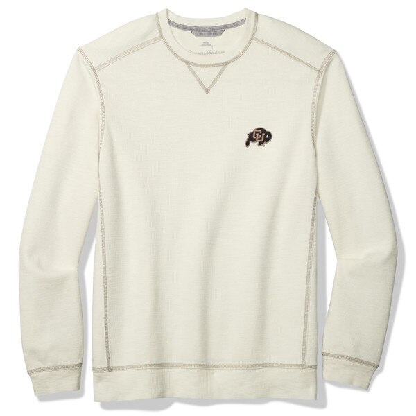 A white crewneck sweatshirt with an embroidered CU Buffalo logo on the left chest. The stitching on the sweatshirt is a light gray, so it is visible.
