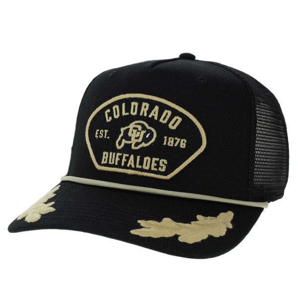 Black mesh-back hat with gold embroidered Colorado Buffaloes patch and visor leaf detail