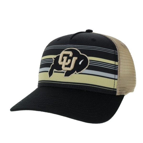 A black hat with a tan mesh back. There is a multi-stripe yellow, black, and gray design with the CU Buffalo logo embroidered on the center front.