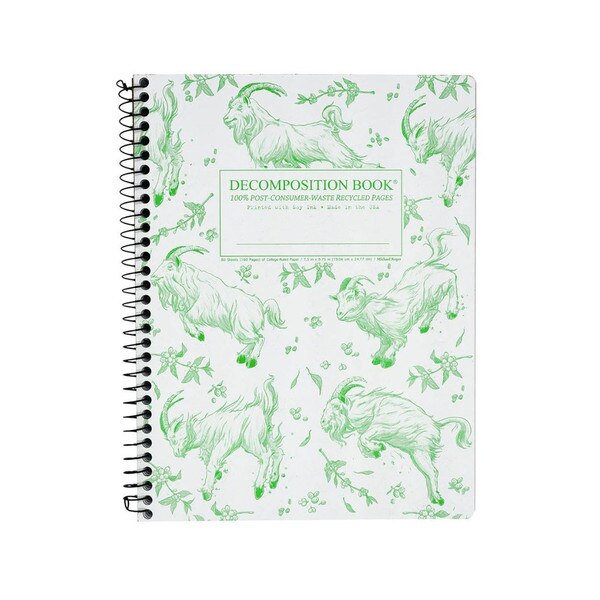 This is a Decomposition branded spiral bound composition book. The text on the cover is bright green. The cover has 5 green flying goats and the white background is adorned with bright green foliage.