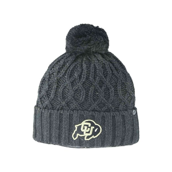 A black cable knit beanie with the CU Buffalo logo embroidered on the front cuff. There is a pom on the top, and the inside is fleece lined.