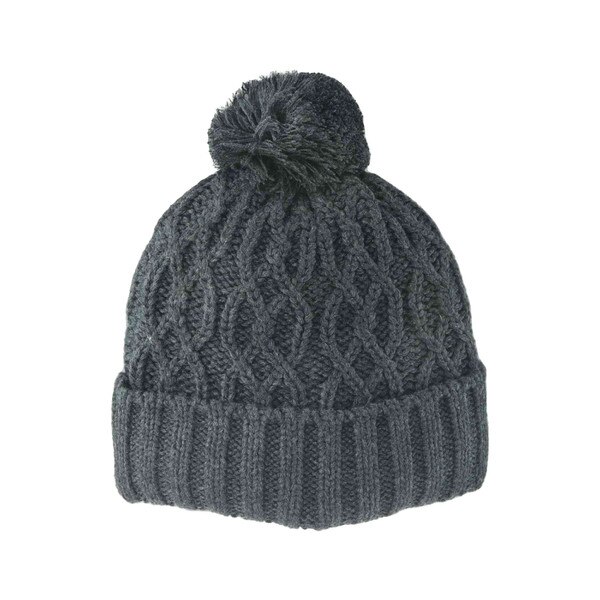 The back of a black cable knit beanie with a black pom on top.