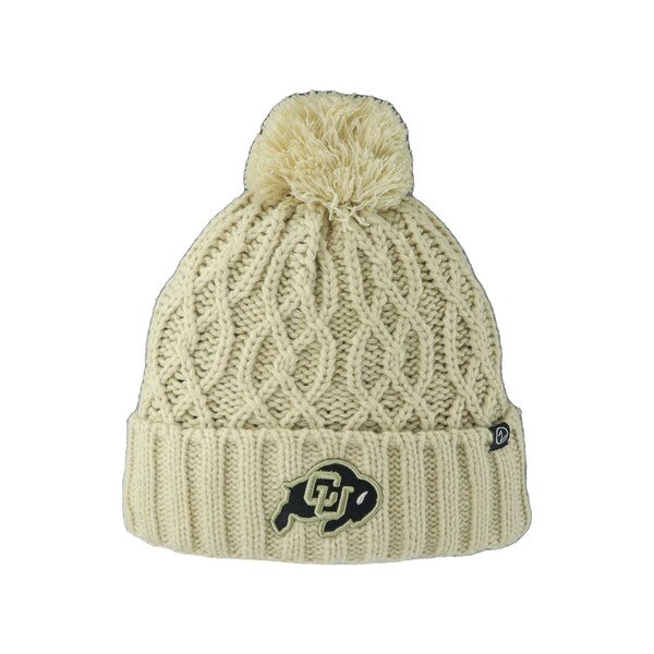 A white cable knit beanie with the CU Buffalo logo embroidered on the front cuff. There is a pom on the top, and the inside is fleece lined.