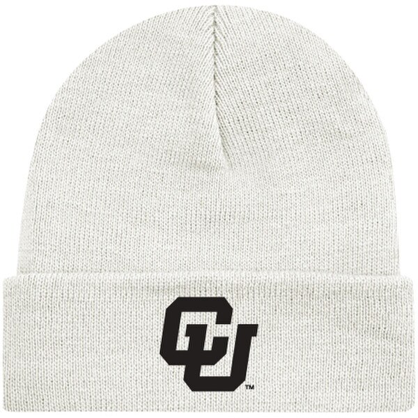 A white cuffed beanie with a black interlocking CU logo embroidered on the front.