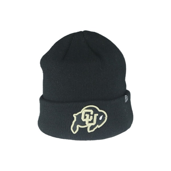 This is a black infant and toddler cuffed beanie with a black and gold C.U buffalo logo on the cuff.