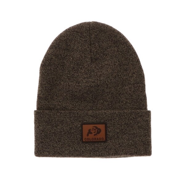 Brown ribbed knit cuffed beanie with small leather rectangular patch on cuff with CU Buffalo logo above "Colorado" lettering.