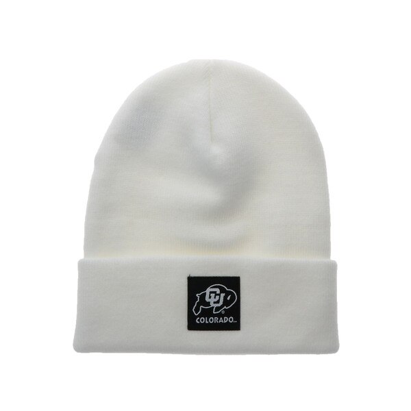 A white cuff beanie with a black tag that has the CU Buffalo logo in white and "Colorado" written below it in white.