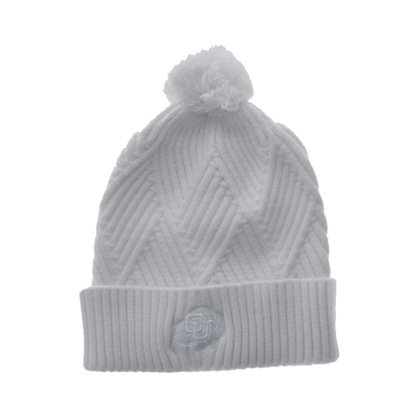 A white knit beanie with a white CU Buffalo logo embroidered on the cuff. There is a white pom on the top.