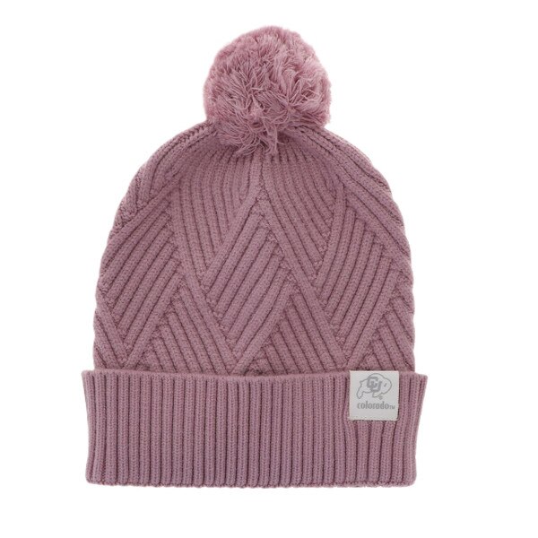 A monochrome pink beanie with a cuffed design and pom pom on top. There is a small white tag on the right side of the cuff that has the CU Buffalo logo and "Colorado" printed on it in gray.