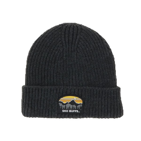 A grey knit beanie with a patch that shows a Colorado mountain sunset landscape and the words "Sko Buffs" in white.