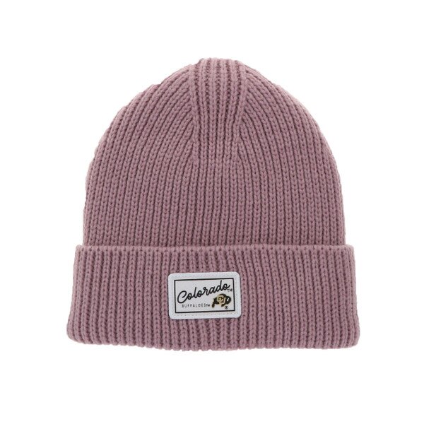 This is a light pink knit beanie. The patch on front is rectangular and has a black rectangular border around the design. The Buffalo logo is black and gold. The text is black.