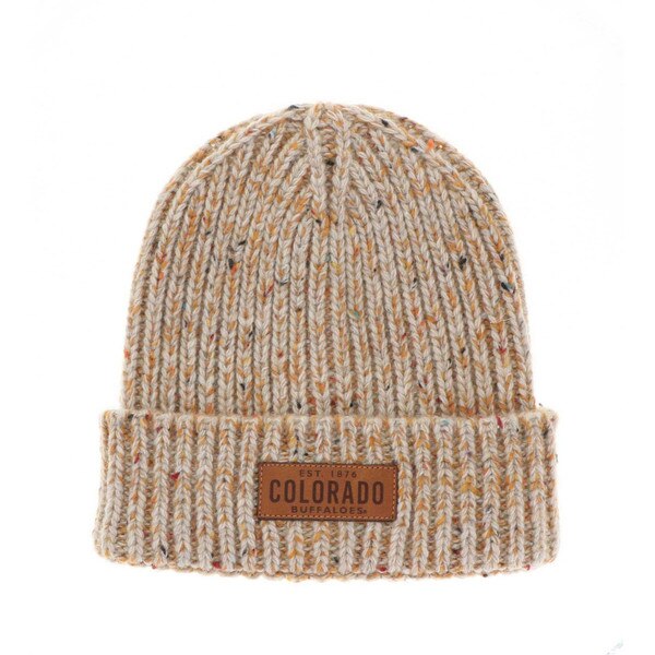 This is a tan beanie with orange incorporated in an irregular distribution. There are also random colored threads included as well. The patch on the front is brown with brown writing.