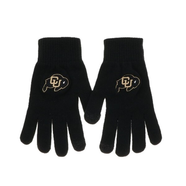 This is a pair of black gloves. The cuffs are ribbed, and there are black and gold C.U. buffalo logos on each back of hand.