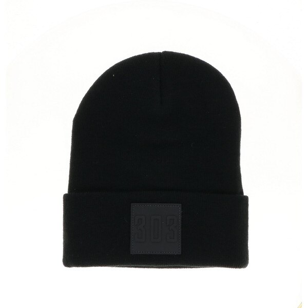 This is a black cuff beanie with a rubber patch on the front. The patch has three zero three in raised font in the same black color of the rubber patch.