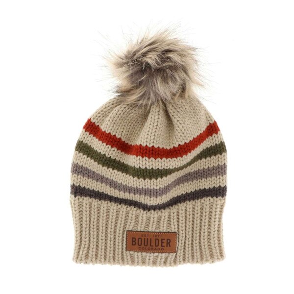 Knit beanie with multicolor stripes, a faux fur pom on top, and a leather 'Boulder Colorado' patch on the cuff.