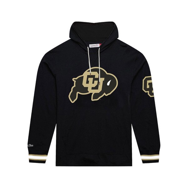 This is a black hooded sweatshirt with striped sleeves. The stripes are white with a yellow one in between. The logos are black and gold. The adjustable hood cord is white.