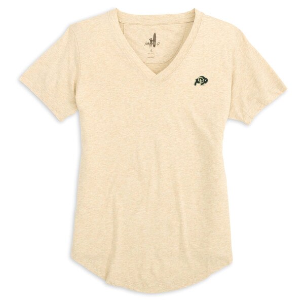 An oatmeal v-neck short sleeve tee with a c-u buffalo logo on the left chest.