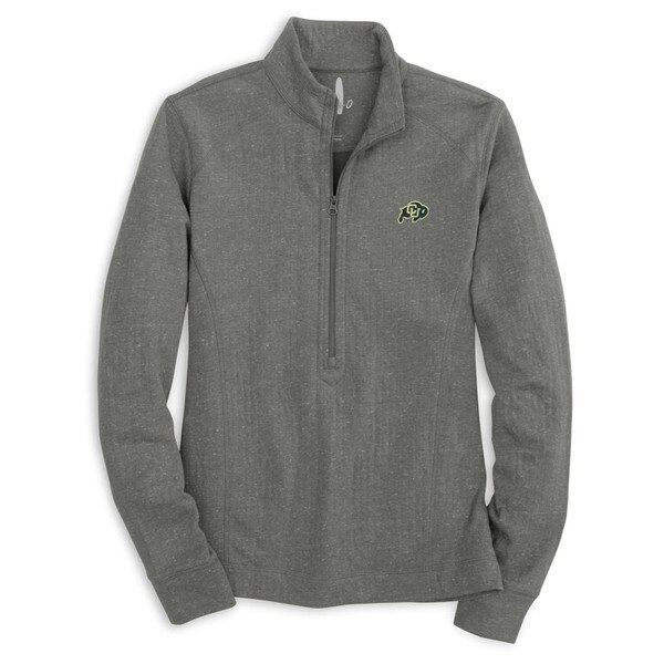 A charcoal Johnnie-O women's half zip pullover with C.U buffalo logo on left chest.