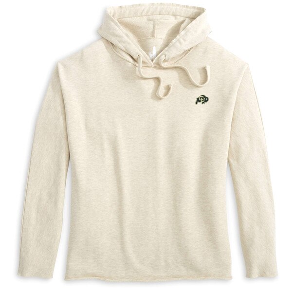 An oatmeal Johnnie-O women's hoodie with C.U buffalo logo on left chest and drawstring hood.