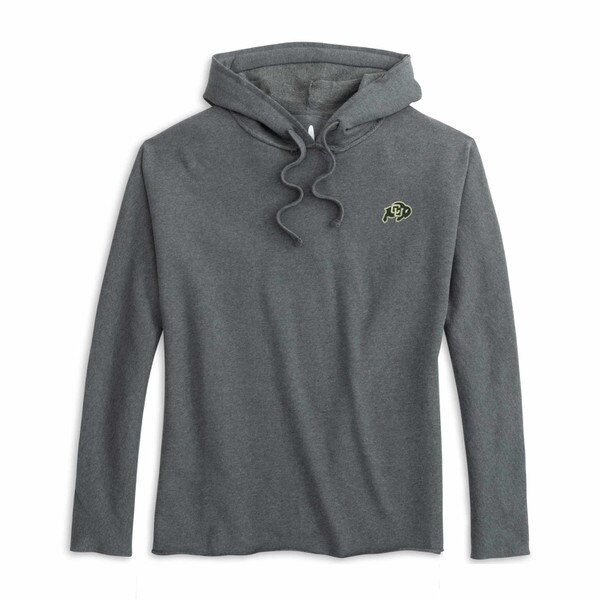 A charcoal Johnnie-O women's hoodie with C.U buffalo logo on left chest and drawstring hood.